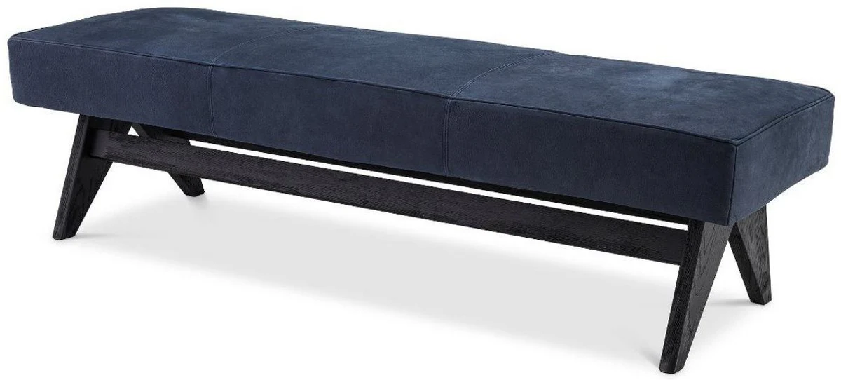 Casa Padrino banco de piel genuina de lujo azul / negro 164 x 54 x A. 44 cm - Banco de madera maciza tapizado con cuero de b¨²falo nobuck fino - Muebles de Lujo