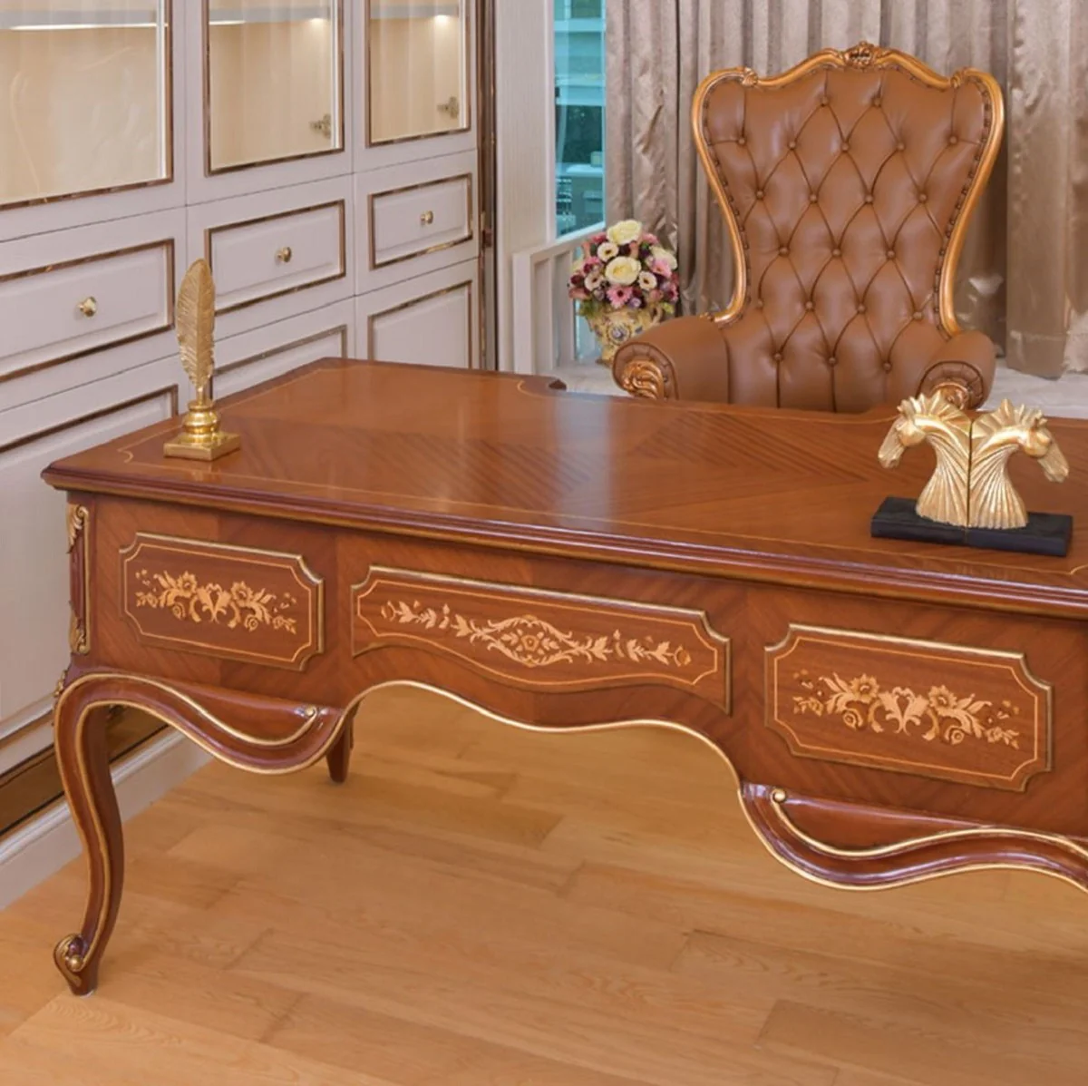 Casa Padrino Escritorio Barroco de Lujo Marr¨®n / Oro 155 cm - Muebles de Oficina Barrocos - Hecho en Italia