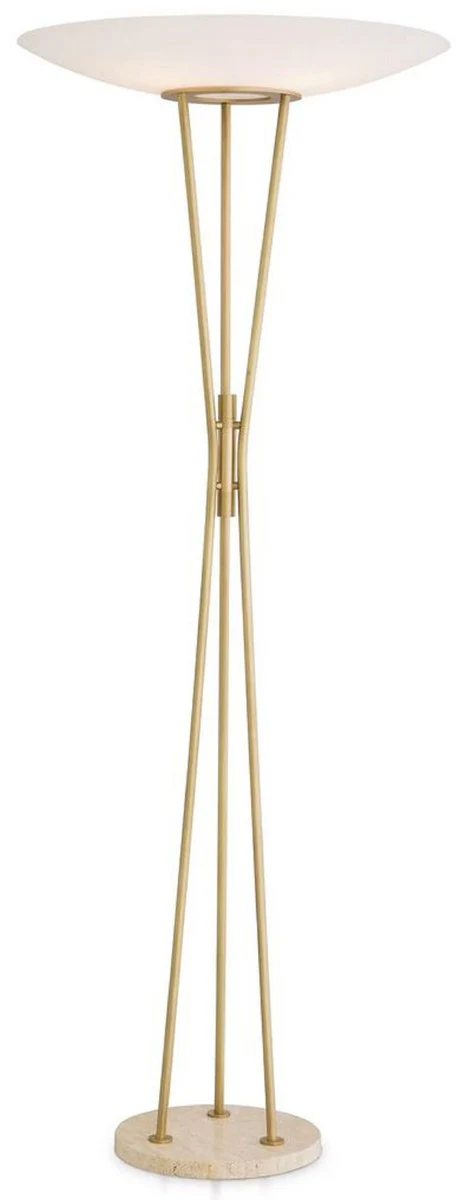 Casa Padrino lámpara de pie de lujo latón antiguo / beige / blanco Ø 70 x A. 185 cm - Lámpara moderna de acero con base de piedra natural travertino y pantalla redonda de vidrio - Colección de Lujo