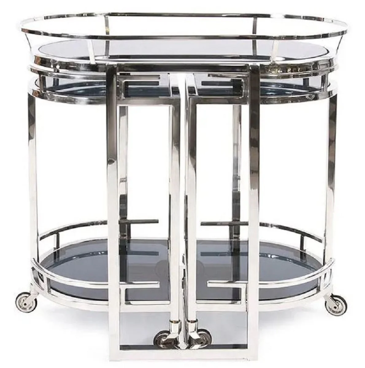 Casa Padrino carrito de servicio plata / negro 79 x 46 x A. 84 cm - Carrito ovalado de metal con placas de vidrio - Carrito de gastronom¨ªa restaurante de hotel - Accesorios hoteles y restaurantes