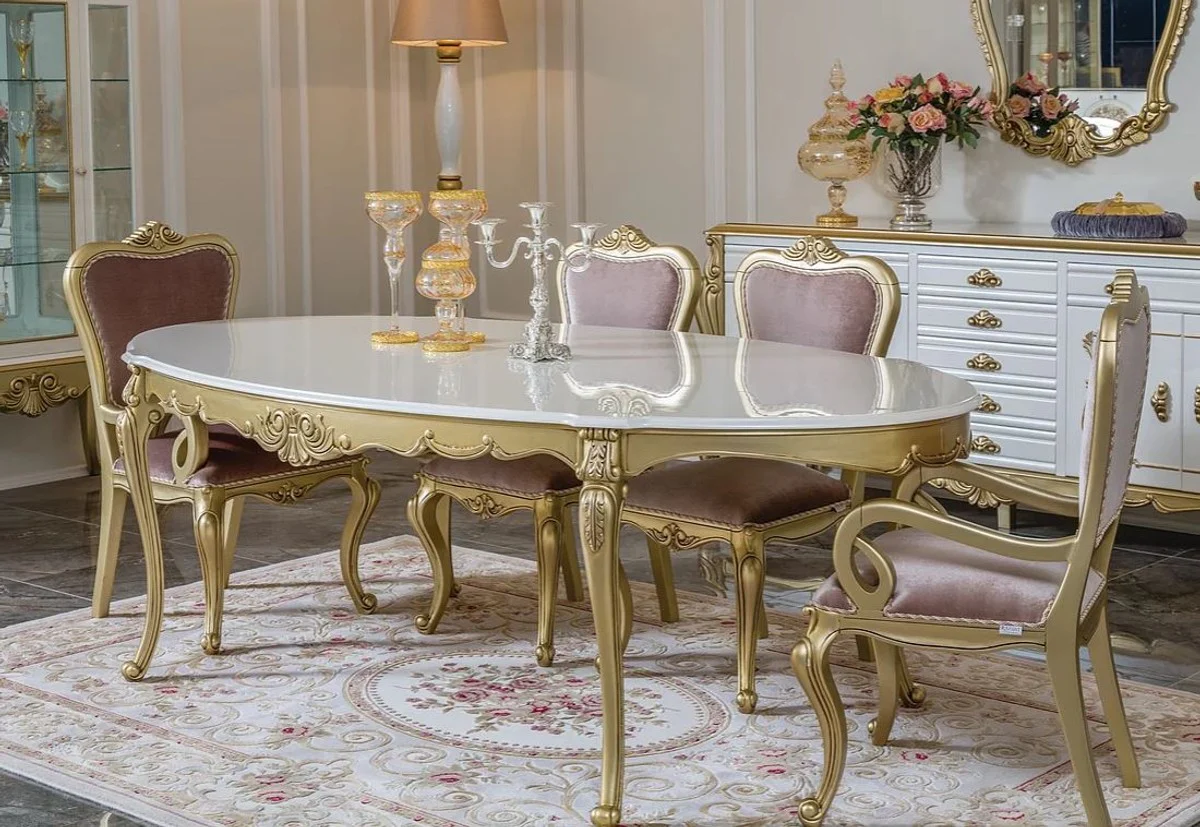 Casa Padrino conjunto de comedor barroco de lujo rosa / blanco / oro - 1 Mesa de Comedor Ovalada y 6 Sillas de Comedor - Muebles de comedor en estilo barroco magn¨ªfica