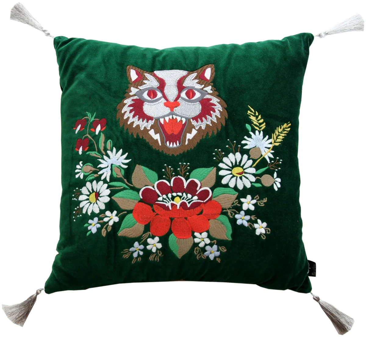 Cojín decorativo de lujo de Casa Padrino con borlas Cat green / white 45 x 45 cm - la mejor tela de terciopelo - cojín del salón