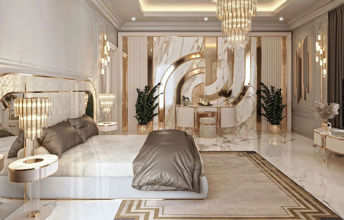 Casa Padrino cama doble Art Deco de lujo gris / oro 350 x 209,5 x A. 140 cm - Cama noble de madera maciza con cabecero de espejo - Muebles de dormitorio - Muebles Art Deco de lujo