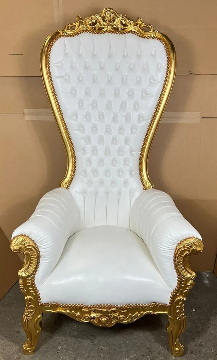 Casa Padrino sill¨®n de trono barroco con cuero artificial blanco / oro - Sill¨®n sill¨®n real - Sill¨®n de boda hecho a mano - Sill¨®n gigante barroco - Muebles barrocos