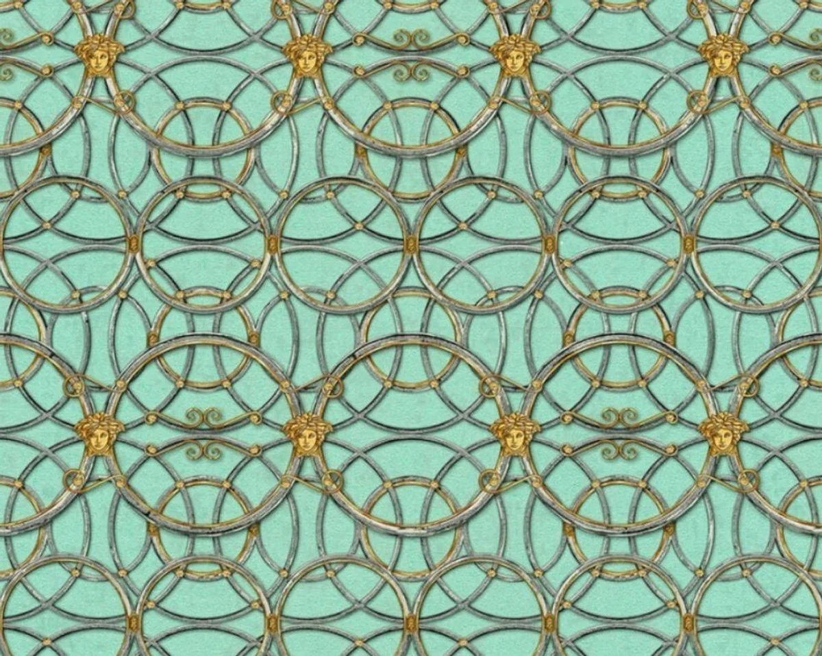 Papel Pintado no Tejido Barroco de Diseño Versace IV 37049-7 - Verde Menta / Plata / Oro - Papel Pintado de Diseño - Alta Calidad