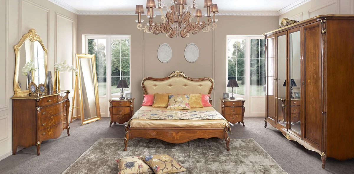 Casa Padrino cama de matrimonio barroco de lujo oro / marrón / oro - Magnífica cama de madera maciza estilo barroco - Muebles de dormitorio y de hotel barrocos - Calidad de lujo - Hecho en Italia