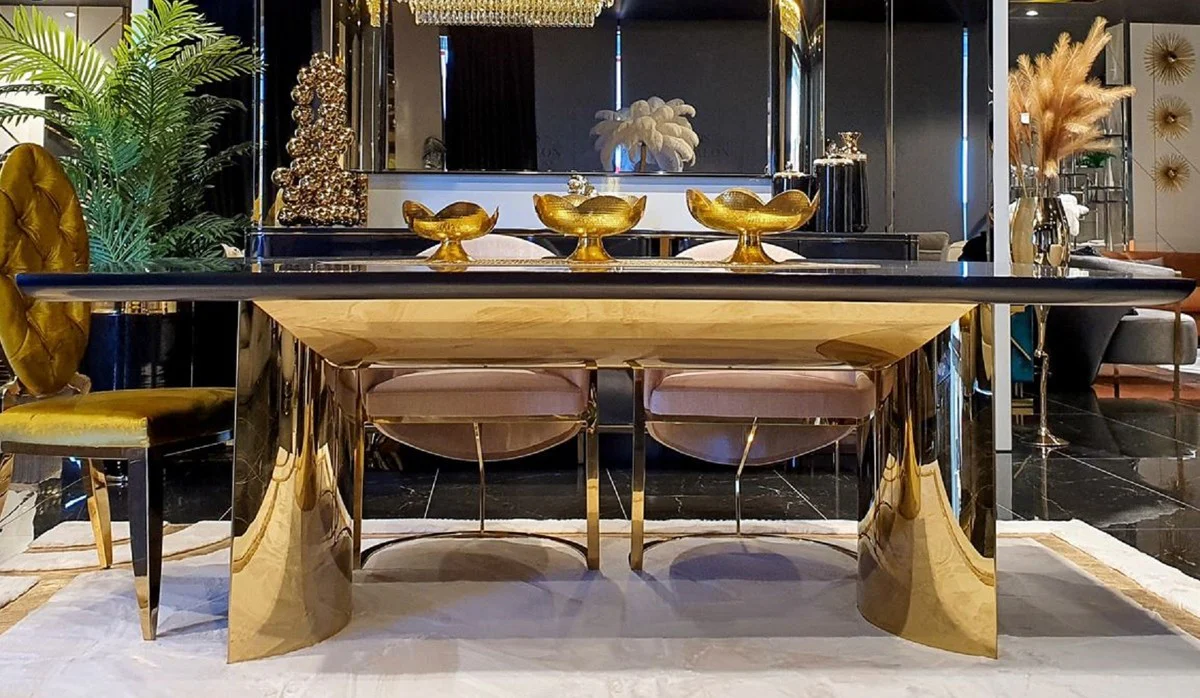 Casa Padrino mesa de comedor de lujo negro / oro 200 x 100 x A. 78 cm - Mesa de comedor moderna con tapa de vidrio - Muebles de comedor de lujo