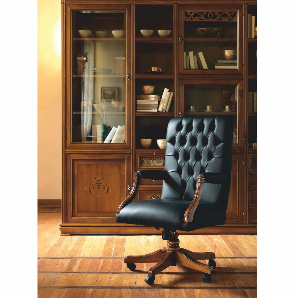 Casa Padrino Silla de Escritorio Barroco Chesterfield de Lujo en Cuero Negro / Marrón - Hecho en Italia