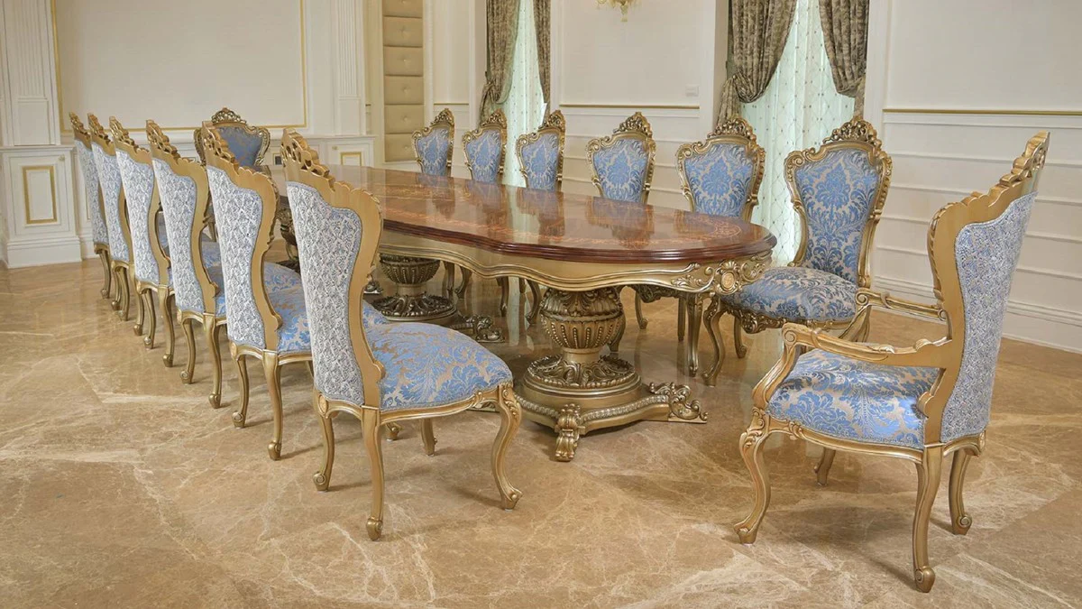 Casa Padrino Mesa de Comedor Barroco de Lujo Marr¨®n Marqueter¨ªa / Oro 420 cm - Muebles Barrocos - Hecho en Italia