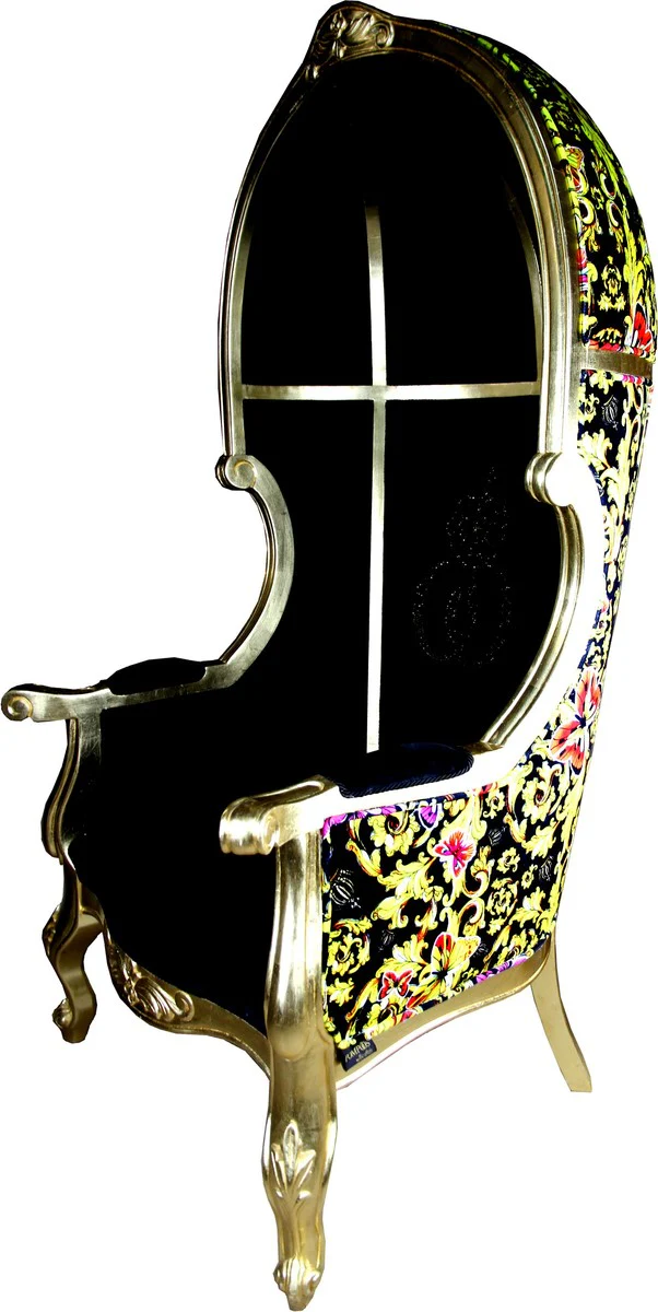 Pomp??s by Casa Padrino Luxury Balloon Sill¨®n barroco Black / Gold / Butterfly & Flower Design con corona resplandeciente - Pomp??ser Baroque Sill¨®n dise?ado por Harald Gl??ckler