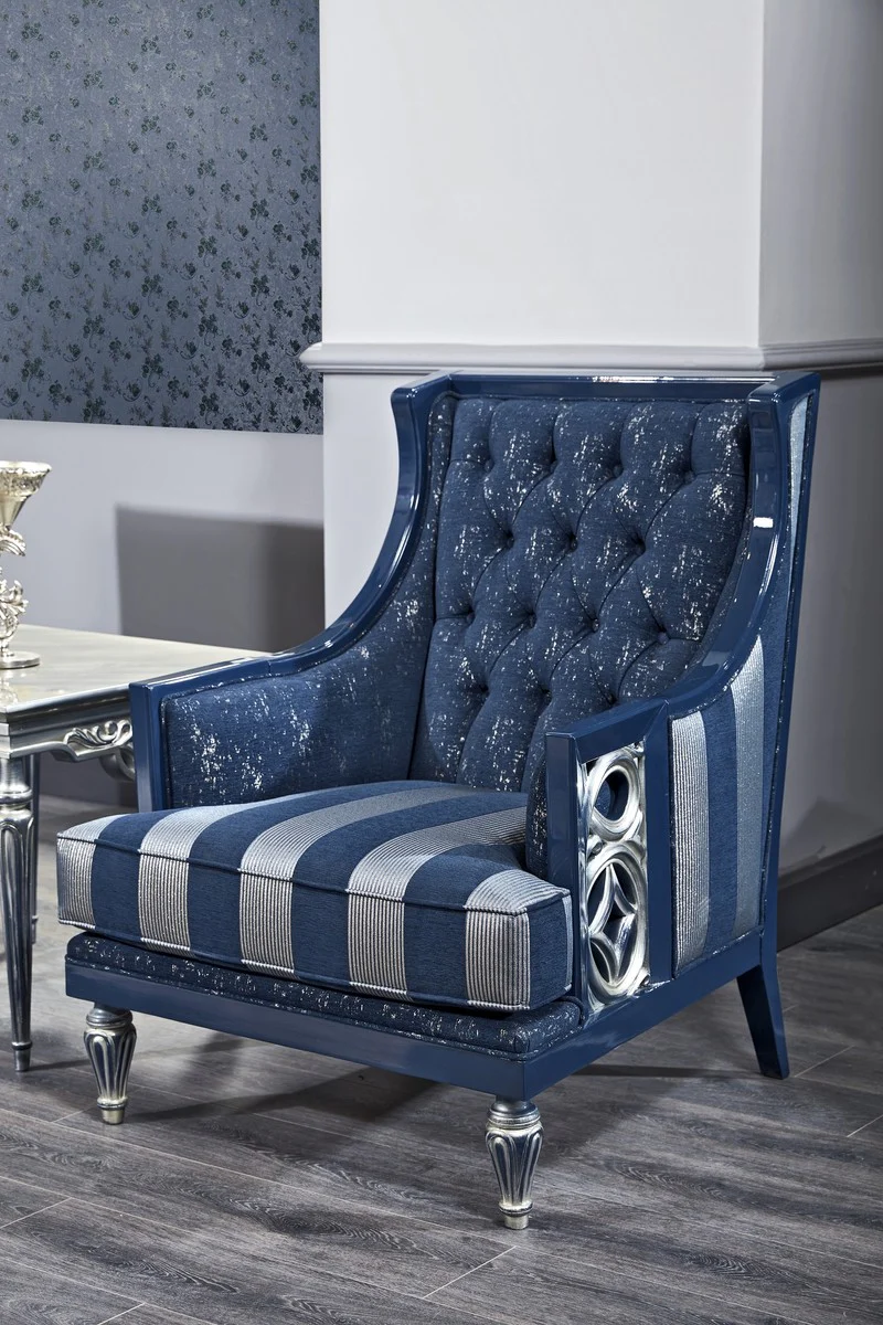 Casa Padrino conjunto de sala de estar barroco de lujo azul oscuro / azul claro / plata - Sof¨¢ y 2 Sillones y Mesa de Centro - Muebles de Sal¨®n Barrocos