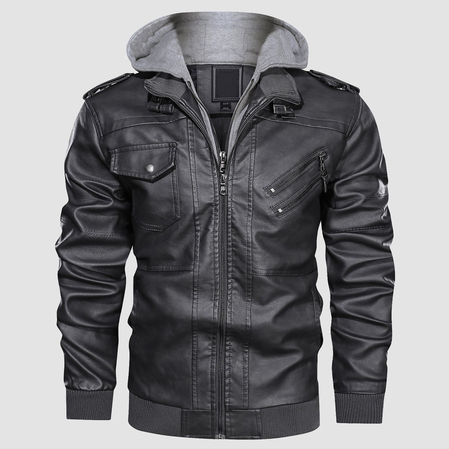 Men's Stand Collar PU Faux Leather Jacket 6 Pockets Motorcycle Bomber Fall Winter Jacket with a Removable Hood