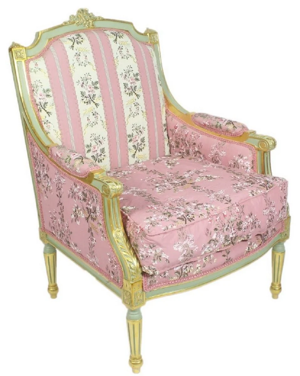 Casa Padrino sill¨®n de sal¨®n trono imperio barroco con motivo florales rosa / multicolor / oro 70 x 70 x H. 100 cm - Muebles Barrocos