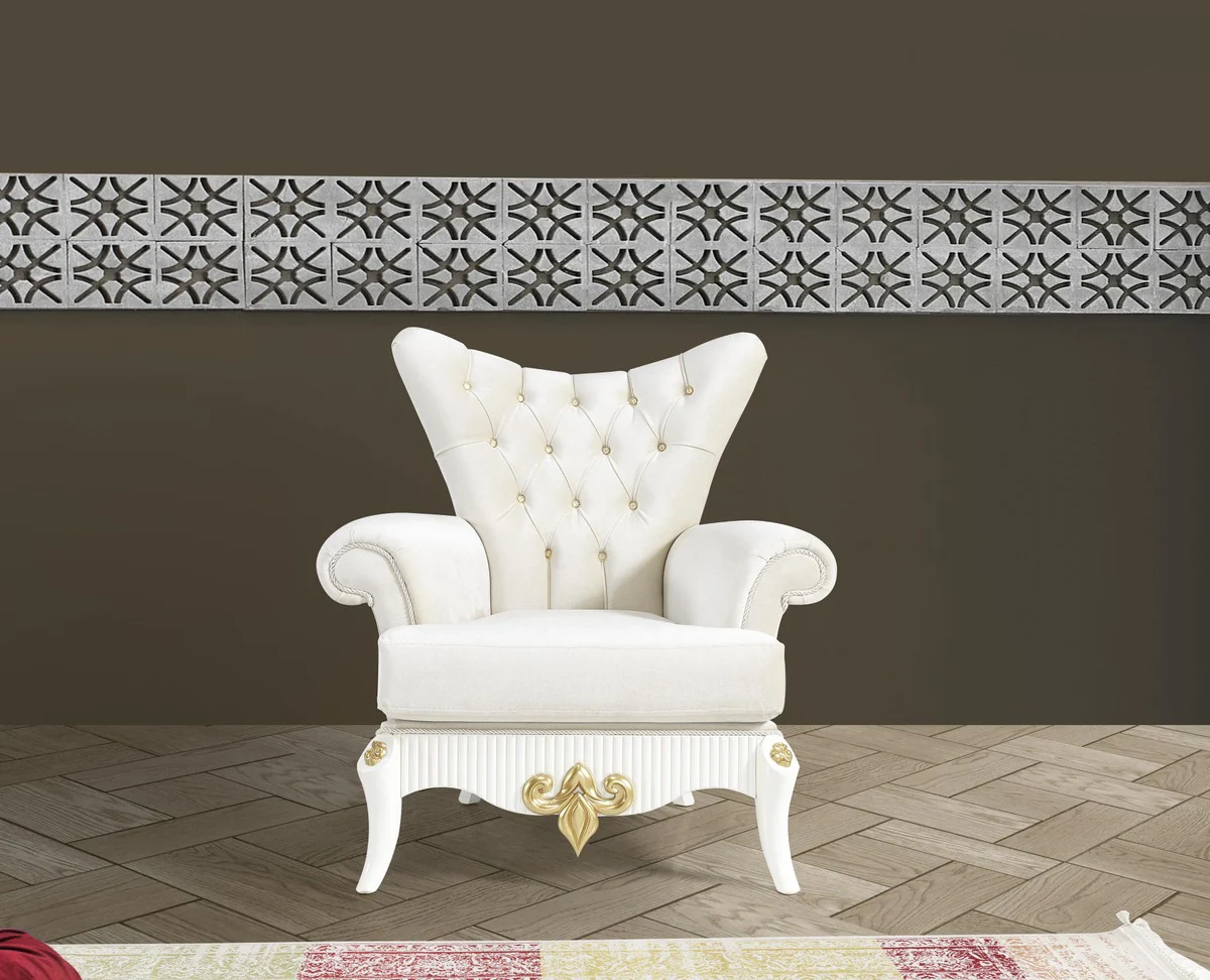 Casa Padrino conjunto de sala de estar barroco crema / blanco / oro - 2 Sof¨¢s y 2 Sillones y 1 Mesa de Centro - Muebles de sal¨®n nobles de estilo barroco