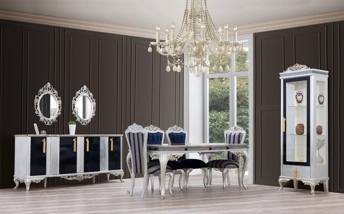 Casa Padrino vitrina barroco de lujo plata / negro / oro - Vitrina de madera maciza hecha a mano - Muebles de sala barrocos