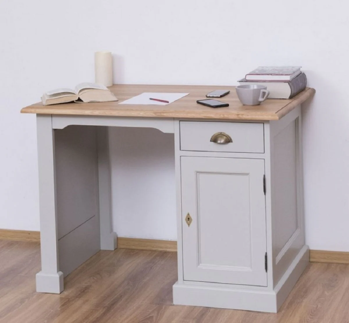 Casa Padrino escritorio de estilo campestre gris / natural 110 x 70 x A. 78 cm - Secretaria de madera maciza en estilo campestre - Muebles de oficina - Muebles de estilo campestre