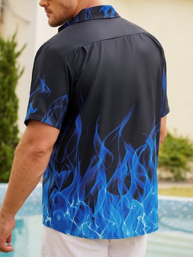 Men's Halloween Fire Print Anti-Wrinkle Moisture Wicking Fabric Fashion Hawaiian Lapel Short Sleeve Shirt
