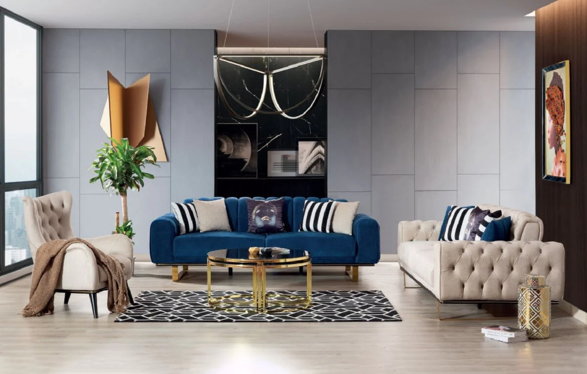 Casa Padrino sof¨¢ de lujo azul / negro / oro 240 x 100 x A. 85 cm - Sof¨¢ de sal¨®n moderno - Muebles de sal¨®n de lujo