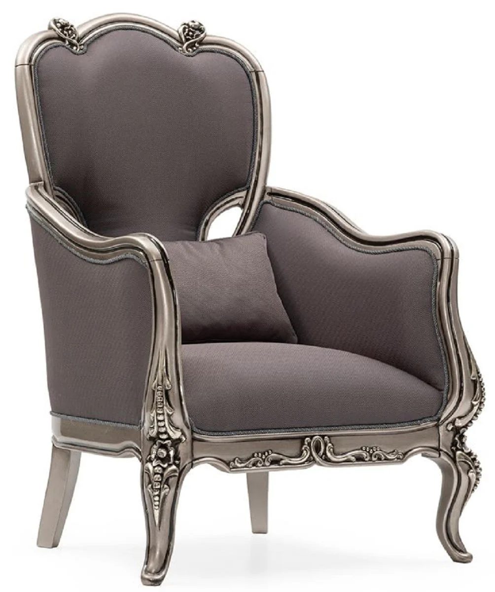 Casa Padrino sill¨®n de sal¨®n barroco de lujo gris / plata - Sill¨®n de estilo barroco hecho a mano con coj¨ªn decorativo - Muebles de sal¨®n de lujo en estilo barroco - Noble y Magn¨ªfico