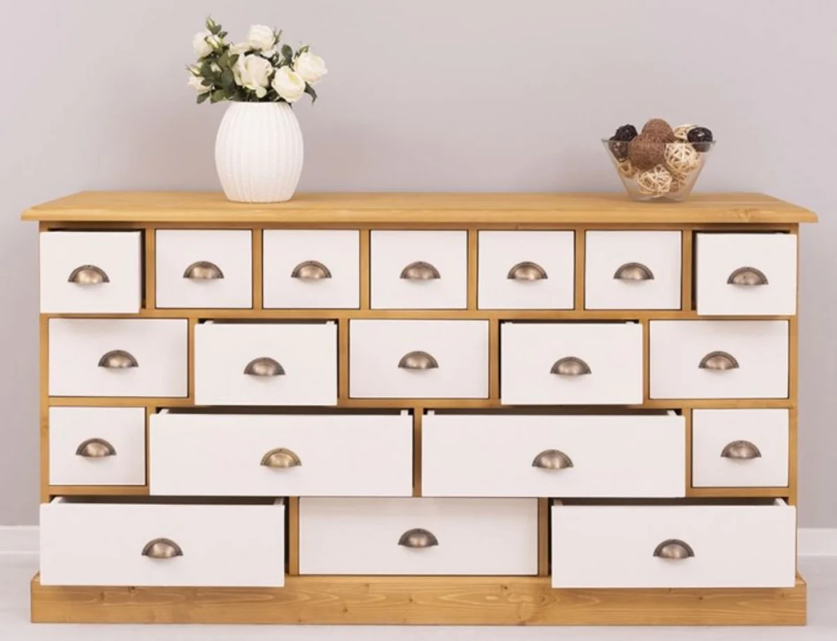 Casa Padrino cómoda de estilo campestre natural / blanco 180 x 48 x A. 95 cm - Armario de madera maciza con 19 cajones - Muebles de estilo campestre - Estilo campestre muebles