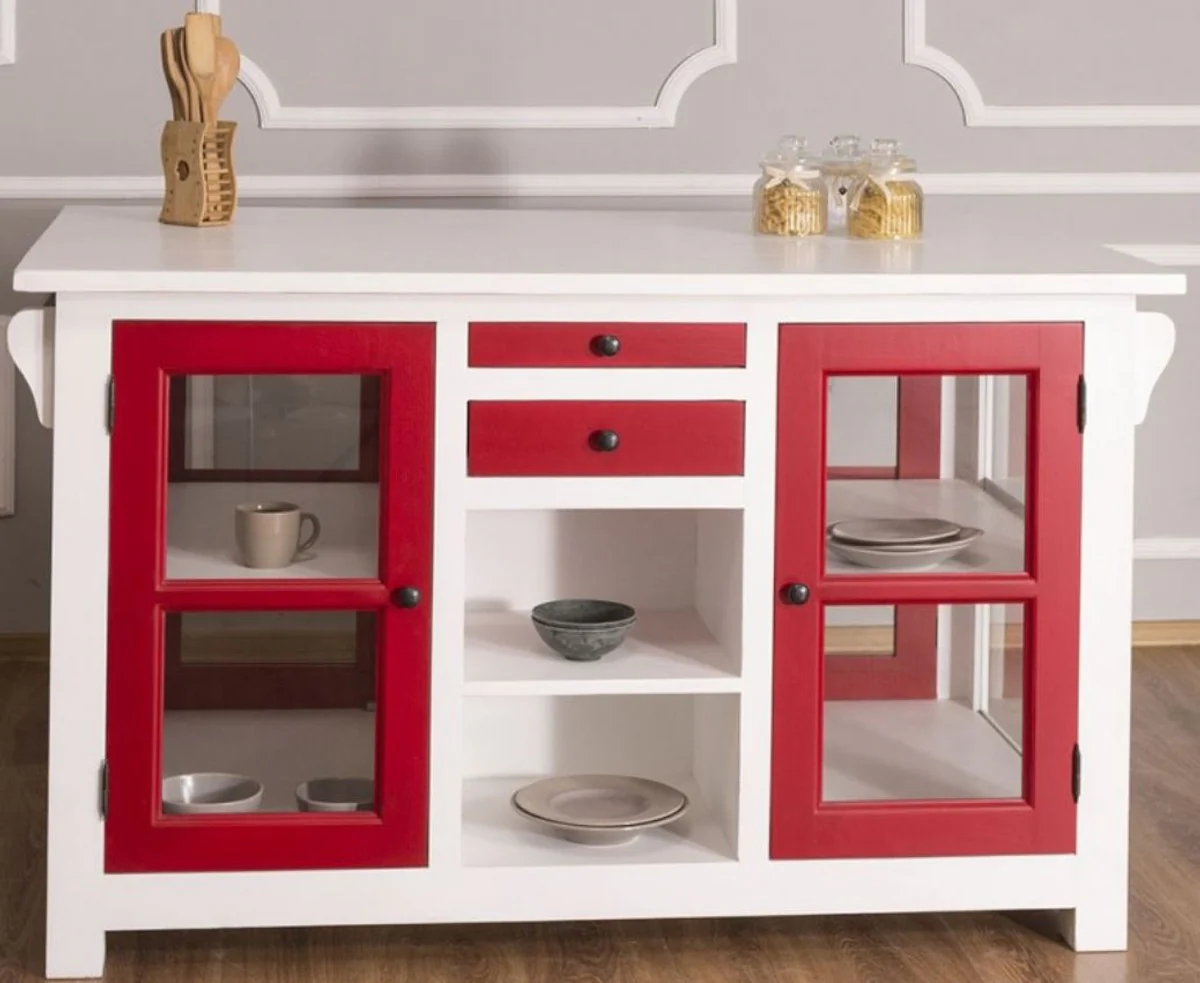 Casa Padrino isla de cocina de estilo campestre blanco / rojo 150 x 90 x A. 90 cm - Gabinete de cocina de madera maciza con 4 puertas de vidrio y 4 cajones - Muebles de Cocina de Estilo Campestre