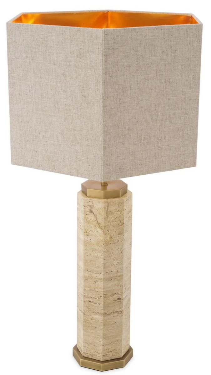 Casa Padrino lámpara de mesa de lujo beige / latón antiguo / gris 46 x 46 x A. 84,5 cm - Lámpara de escritorio de travertino con pantalla hexagonal - Lámparas mesa - Lámparas escritorio