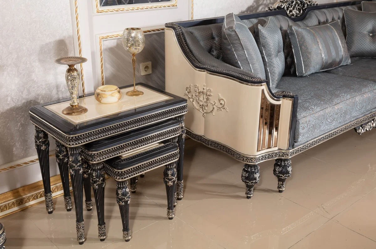 Casa Padrino sof¨¢ barroco de lujo azul claro / beige / negro / oro - Magn¨ªfico sof¨¢ de sal¨®n con patr¨®n elegante - Muebles de sal¨®n y hotel barrocos - Noble y Magn¨ªfico