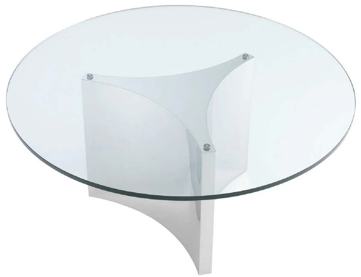 Casa Padrino mesa de centro de lujo blanco / plata ? 104 x A. 46,5 cm - Mesa de sal¨®n redonda de acero inoxidable con tapa de vidrio y 3 taburetes elegantes - Muebles de sala - Muebles de lujo