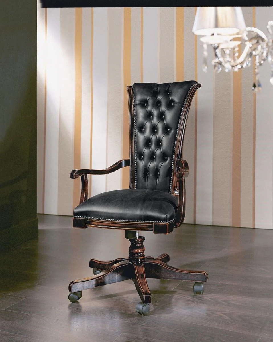 Casa Padrino silla de oficina Chesterfield de lujo negro vintage / marr¨®n oscuro 64 x 49 x A. 107-117 cm - Silla de escritorio ajustable en altura con piel genuina - Muebles Chesterfield Oficina