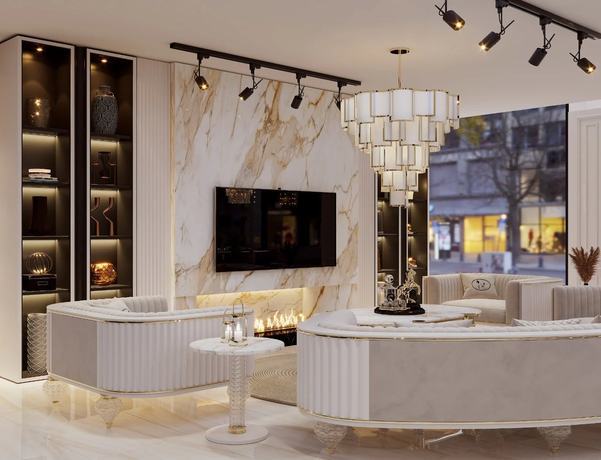 Casa Padrino sof¨¢ de 4 plazas Art Deco de lujo gris / blanco / oro 400 cm