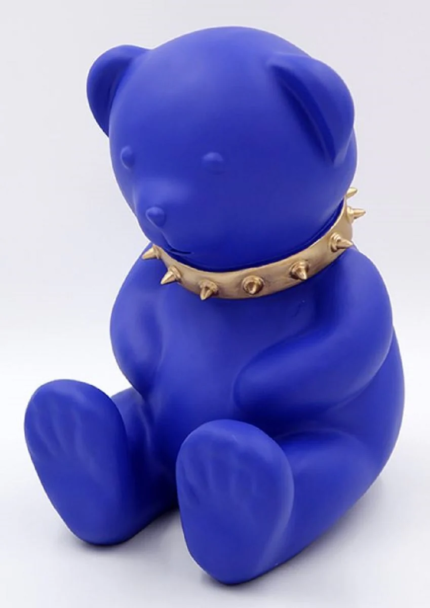 Casa Padrino figura decorativa de dise?o de lujo oso de peluche con collar azul / oro A. 31 cm - Escultura decorativa de resina - Figura decorativa de lujo - Figura decorativa de dise?o