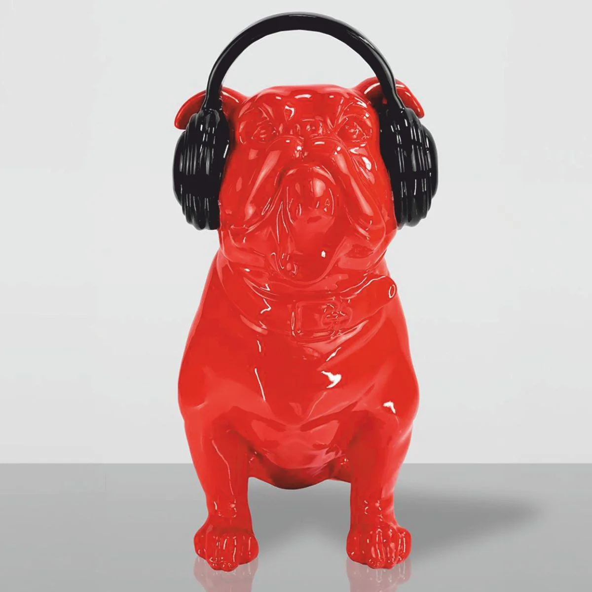 Casa Padrino escultura decorativa perro bulldog con auriculares rojo / negro A. 120 cm
