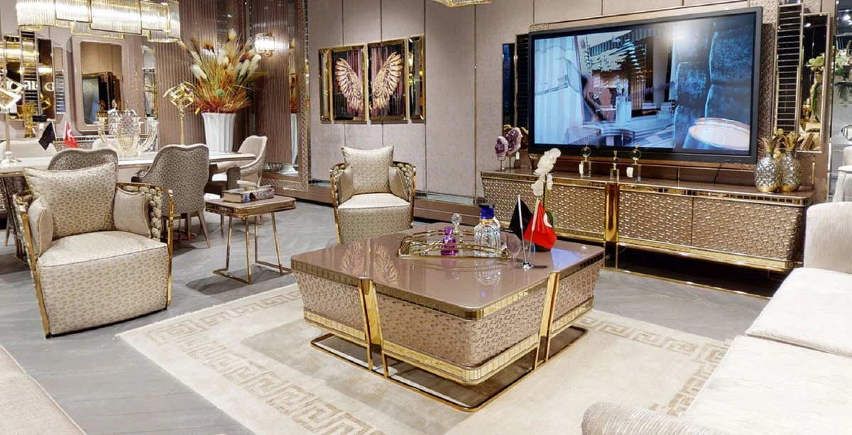 Casa Padrino gabinete de TV de lujo gris / oro 254 x 50 x A. 65 cm - Aparador de madera maciza con 4 puertas - Muebles de sal¨®n - Muebles de lujo - Interiores de lujo