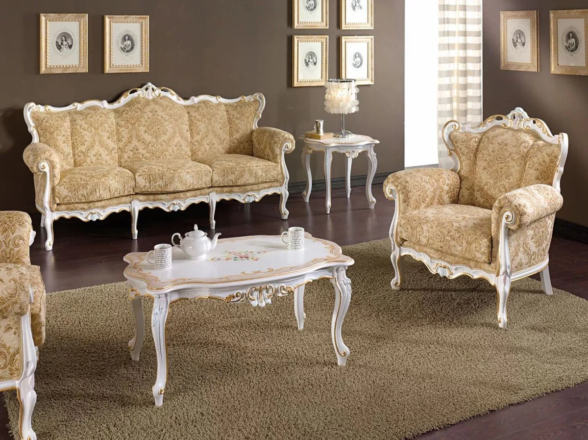Casa Padrino sof¨¢ barroco de lujo beige / blanco / oro - Sof¨¢ de sal¨®n hecho a mano en estilo barroco - Muebles Barrocos para Sal¨®n y Hotel - Calidad de Lujo - Hecho en Italia