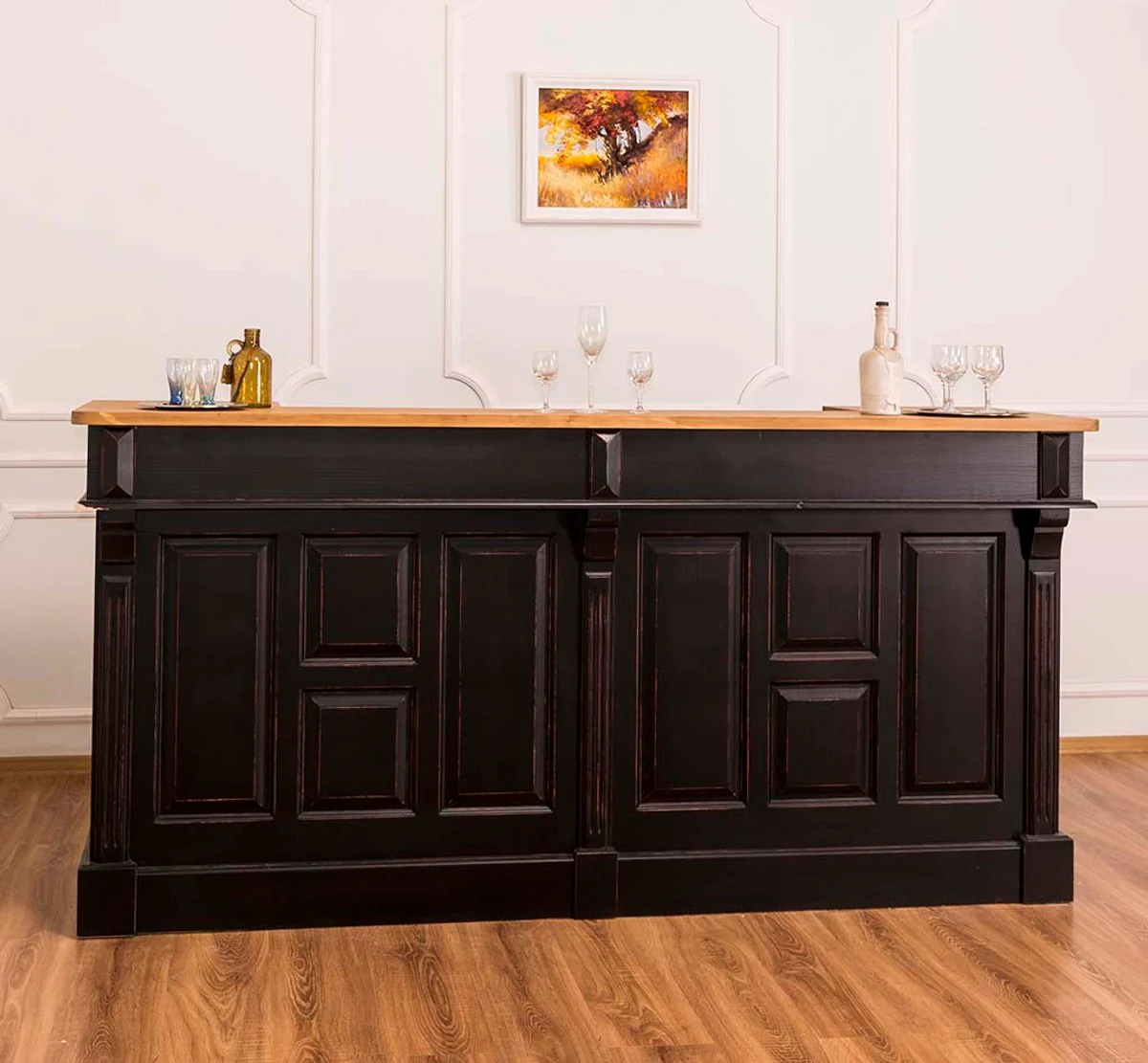 Casa Padrino barra de bar de estilo campestre negro antiguo / natural 240 x 65 x H. 107 cm - Barra de Bar con Cajones y Compartimentos de Almacenamiento
