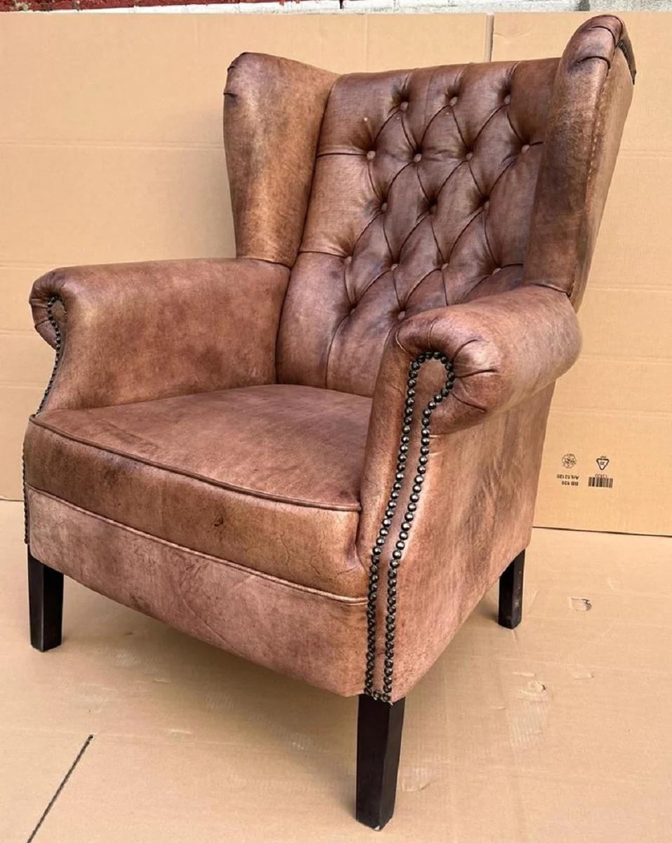 Casa Padrino sill¨®n orejero Chesterfield de lujo marr¨®n vintage / negro 90 x 90 x A. 110 cm - Sill¨®n de sal¨®n Chesterfield de cuero genuino - Muebles de Sal¨®n Chesterfield de Lujo