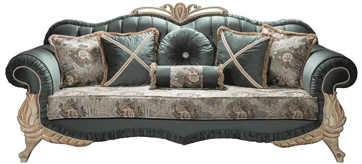 Casa Padrino sof¨¢ de sal¨®n barroco de lujo con pedrer¨ªa y almohadas decorativas verde / crema / beige 220 x 85 x A. 100 cm - Muebles de Estilo Barroco