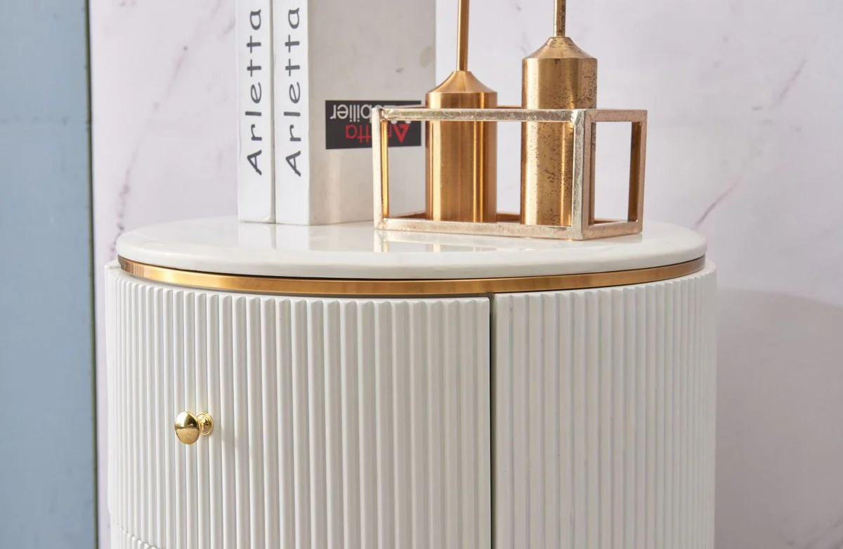 Casa Padrino mesa auxiliar de lujo blanco / lat¨®n / oro ? 50 x A. 58 cm - Mesita de noche redonda con 2 cajones - Muebles Modernos