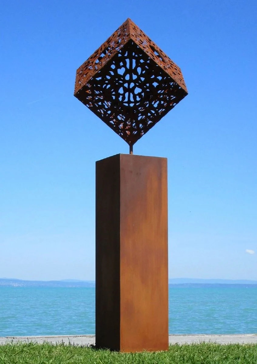 Casa Padrino escultura de metal de decoraci¨®n de jard¨ªn XXL cubo sobre columna ¨®xido A. 216 cm