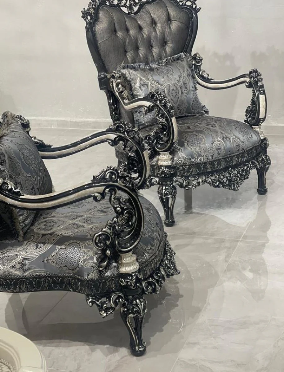 Casa Padrino sill¨®n barroco de lujo plata / blanco / negro / oro - Magn¨ªfico sill¨®n de sal¨®n - Muebles de sal¨®n de estilo barroco - Muebles de lujo de estilo barroco - Mobiliario barroco