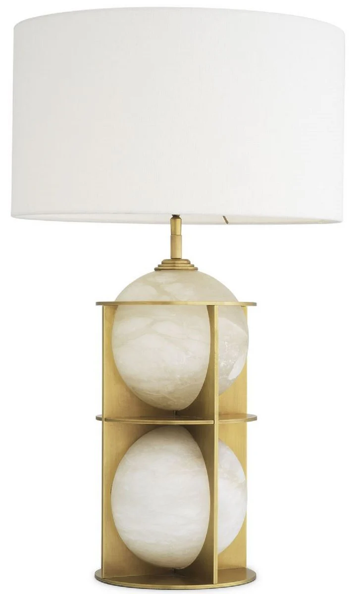 Casa Padrino lámpara de mesa de lujo latón antiguo / alabastro / blanco Ø 45 x A. 75 cm - Lámpara de escritorio moderna de metal con bolas de alabastro y pantalla redonda - Calidad de Lujo