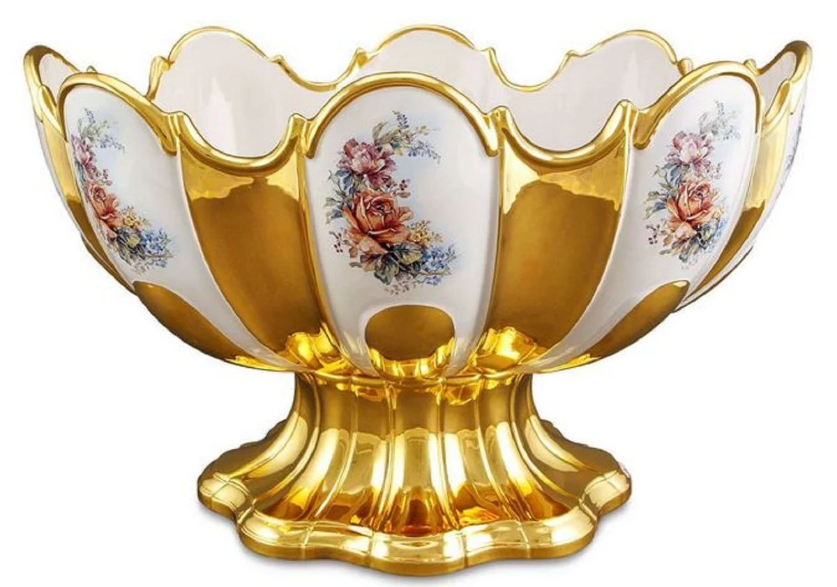 Casa Padrino tazón barroco con diseño de flores oro / blanco / multicolor 52 x 42 x H. 32 cm - Suntuoso Tazón de Cerámica Hecho a Mano y Pintado a Mano con Oro de 24K