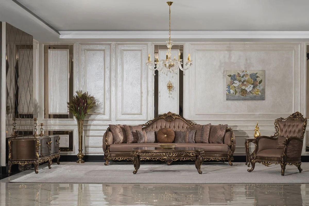 Casa Padrino mesa de centro barroco de lujo gris / marr¨®n / oro - Mesa de sal¨®n de madera maciza hecha a mano en estilo barroco - Muebles de sal¨®n en estilo barroco - Muebles barrocos