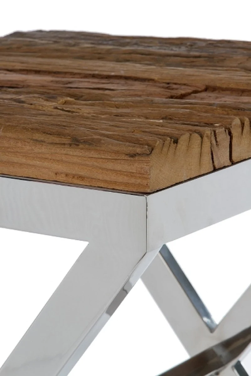 Casa Padrino mesa auxiliar de lujo marrón / plata 45 x 45 x H. 60 cm - Mesa Auxiliar con Superficie Rústica y Tapa de Cristal Adicional