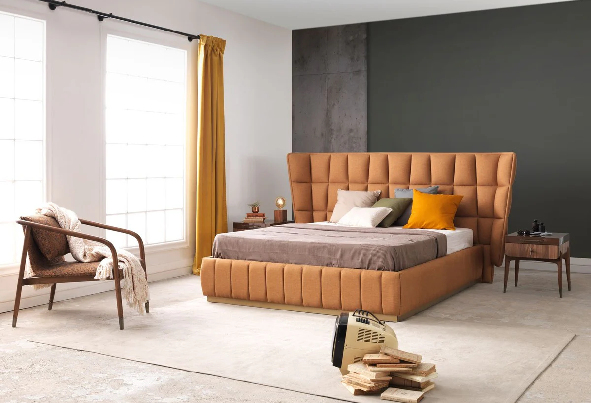 Casa Padrino Cama Doble de Lujo Marr¨®n Claro / Beige 247 x 214 x A. 126 cm - Cama de Madera Maciza - Muebles Dormitorio - Muebles Hotel - Muebles de Lujo - Interior de Lujo