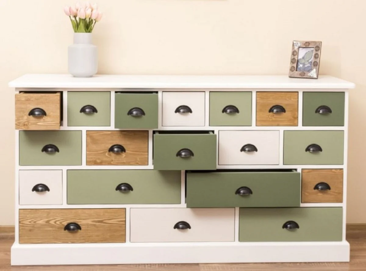 Casa Padrino cómoda de estilo campestre blanco / verde / natural 180 x 48 x A. 95 cm - Armario de madera maciza con 19 cajones - Muebles de estilo campestre - Estilo campestre muebles