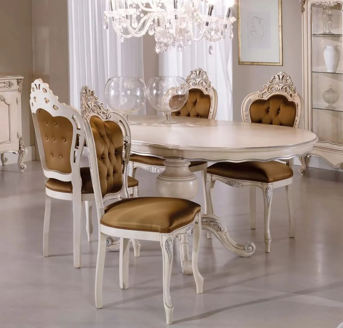 Casa Padrino conjunto de comedor barroco de lujo marr¨®n / crema / plata - 1 Mesa de Comedor Barroco y 6 Sillas de Comedor Barrocos - Muebles de comedor de estilo barroco - Hecho en Italia