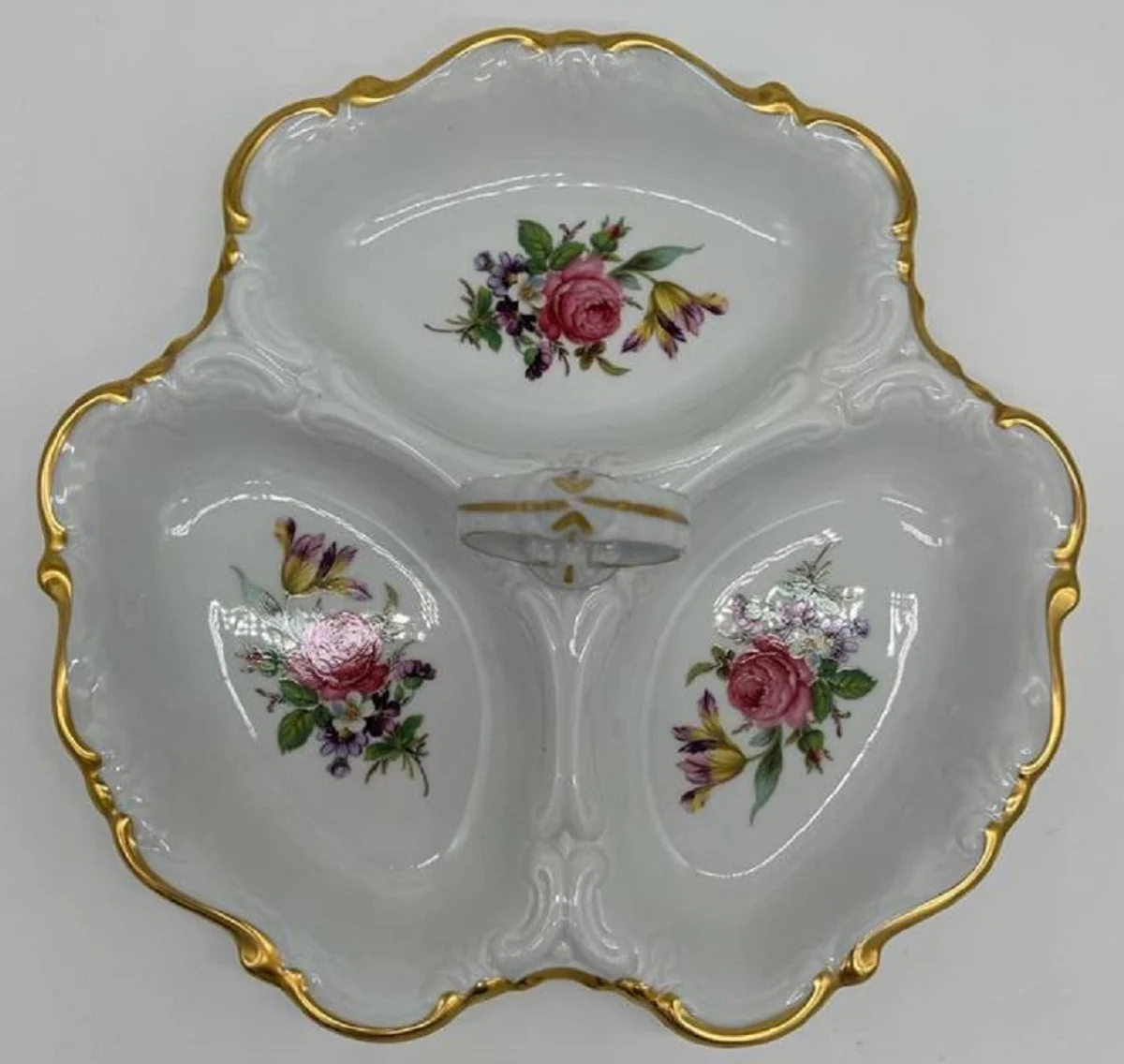 Casa Padrino Cuenco de Servicio de Porcelana Barroca de Lujo con Asa Blanco / Multicolor / Oro ? 25 cm - Cuenco para Pasteler¨ªa y Frutos Secos - Reichenbach Porzellan - Hecho en Alemania