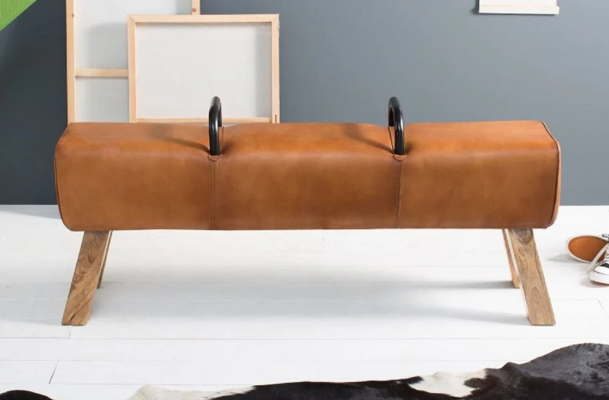 Casa Padrino banco de lujo marrón / natural / negro 134 x 35 x H. 60 cm - Banco de cuero genuino en la óptica de Turnbock