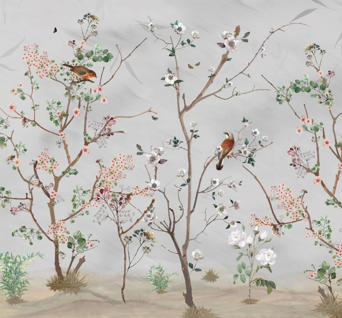 Casa Padrino conjunto de cortinas de lujo plantas y pájaros gris / multicolor 250 x A. 290 cm - Cortinas de lino y terciopelo estampadas - Cortinas de ojales - Cortinas correderas - Accesorios decorativos